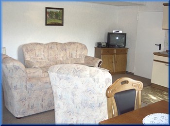 Eine gemütliche Sitzecke im Wohnbereich der Ferienwohnung. Hier können Sie faulenzen, fernsehen (Sat-TV), lesen oder sich unterhalten. 